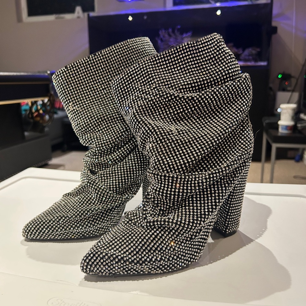 Fashion Nova Black and Silver Heeled Boots